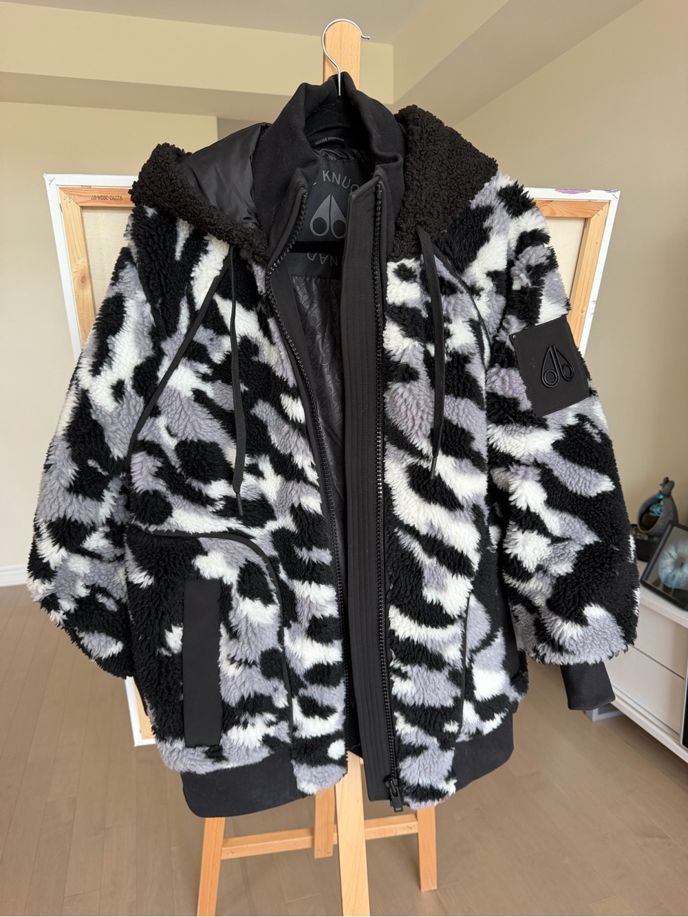 Moose Knuckles Black, White & Gray Faux-Shearling Hooded Jacket